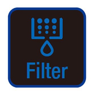 Ilustração com uma gota de água e texto 'Filter' do indicador luminoso do refrigerador para a troca do filtro