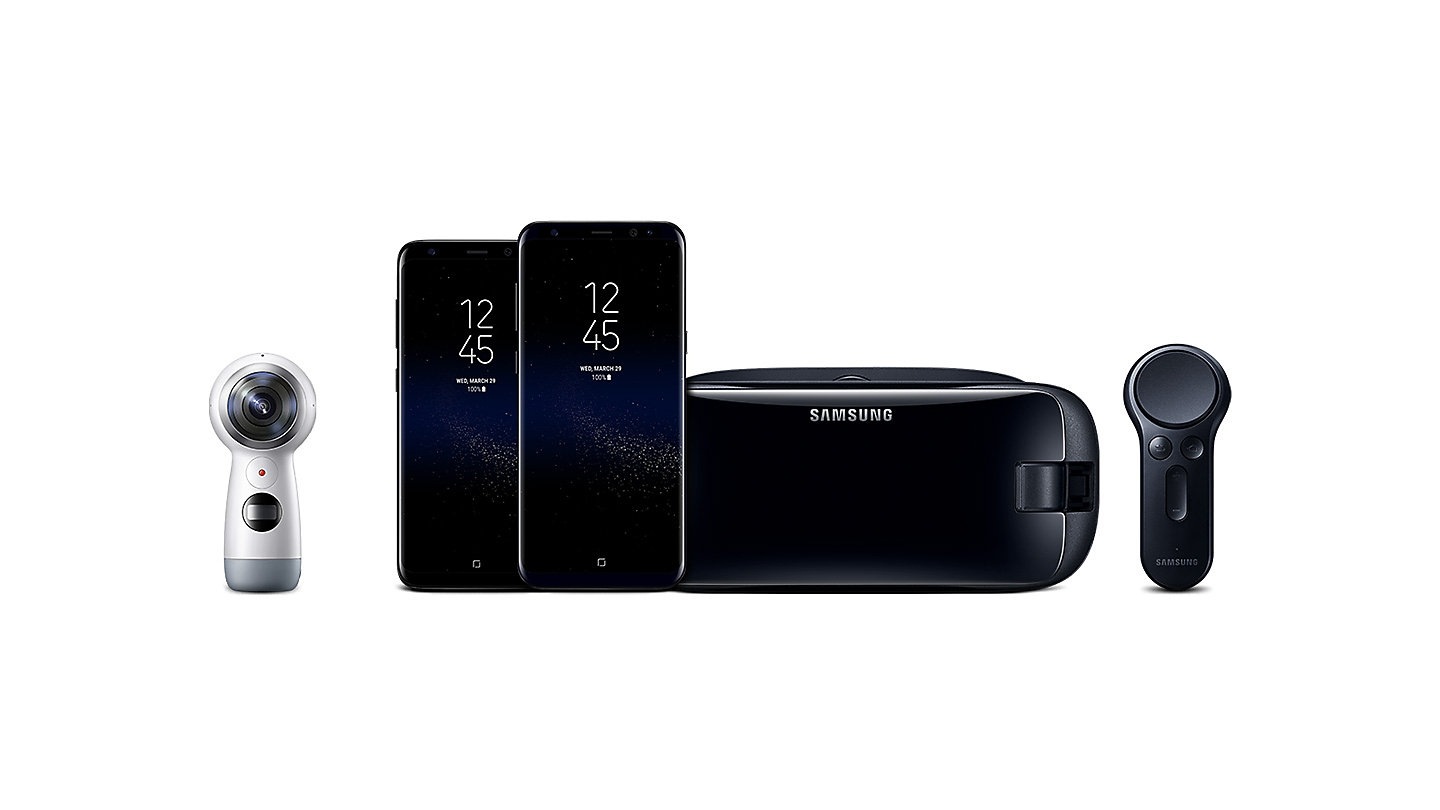Da esquerda para a direita: Câmera 360˚, dois Galaxy S8+ sobrepostos, VR e controle do VR. Todos de frente para a tela. 