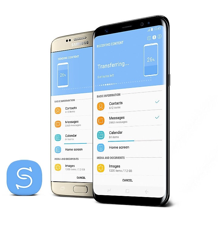 Dois Galaxy S8+ sobrepostos, em perspectiva lateral direita. Em suas telas, aparece a transferência de arquivos de um smartphone para outro, através da tecnololgia Smart Switch.