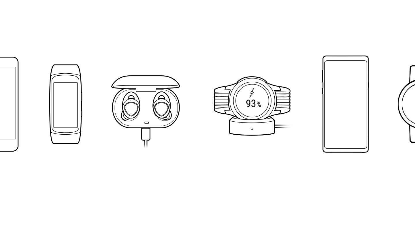 Ilustração em preto e branco com o contorno de diversos dispositivos Samsung enfileirados lado a lado. Da esquerda para direita: celular, fitness band, fones de ouvido bluetooth, smartwatch, outro celular, outro smartwatch.