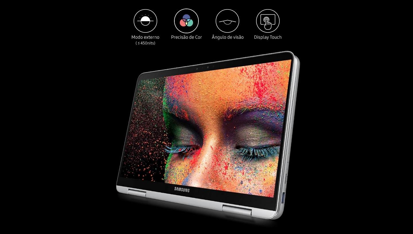 Notebook disposto na forma de tablet com a tela exibindo parcialmente um rosto em close com os olhos fechados e pigmentos coloridos sobre o rosto. 