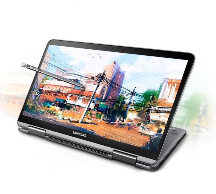 Notebook aberto no modo tablet exibindo um desenho na tela e uma S Pen pressionando a tela.