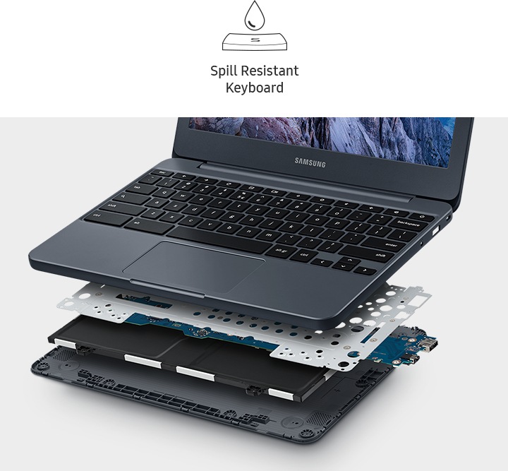 Imagem do chromebook aberto, mostrando 4 níveis de compartimentos internos.