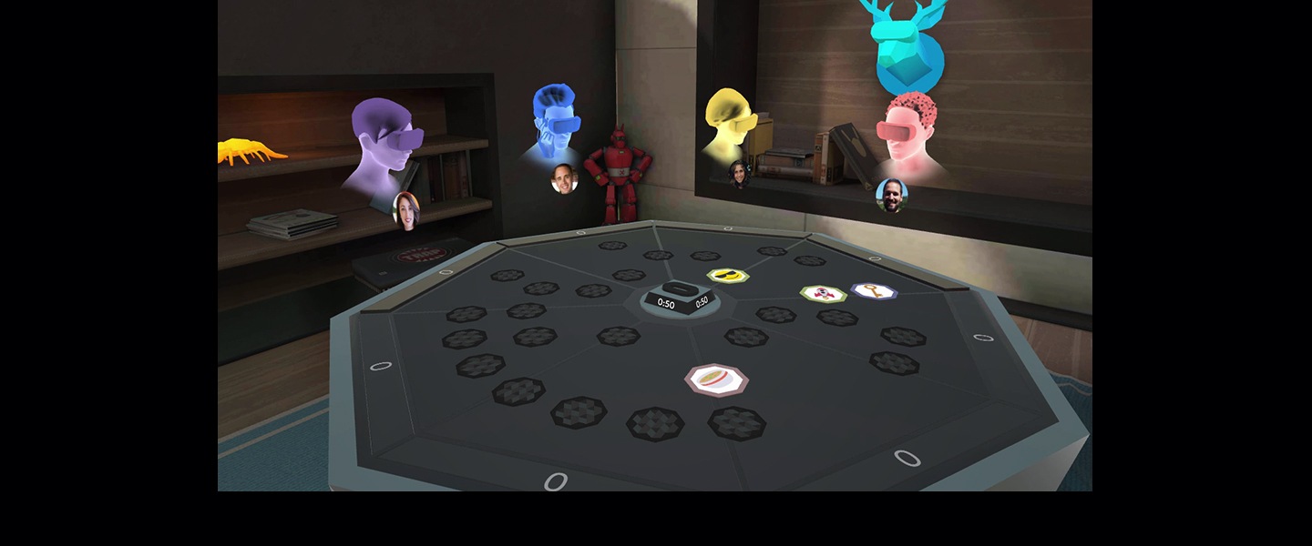 Imagem 3D de uma sala onde pessoas estão reunidas através de realidade virtual. Com o VR Samsung é possível reunir os amigos, não importa a que distância elas se encontrem, através da Sala Oculus.