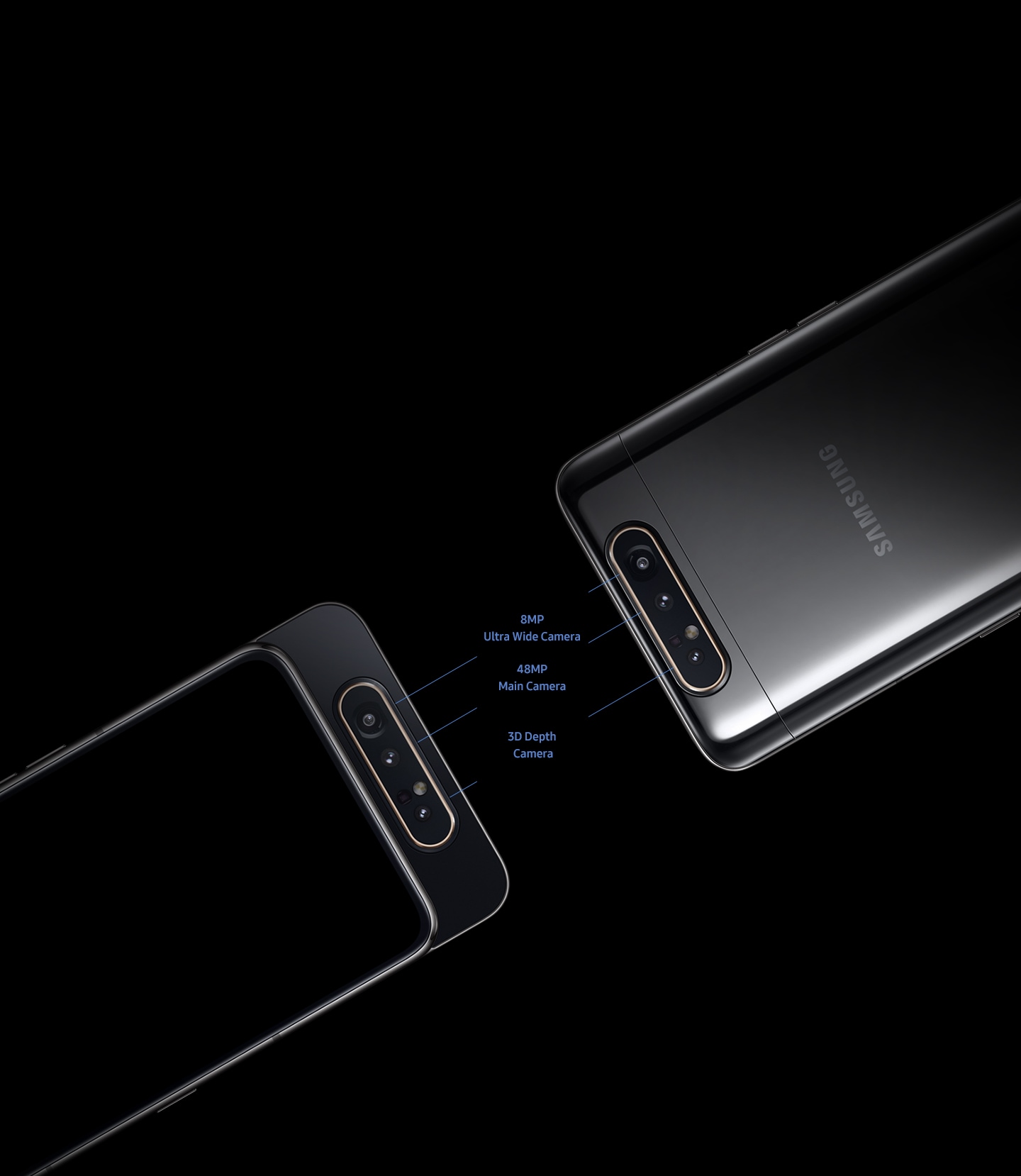 Dois celulares Galaxy A80 pretos alinhados na diagonal. O primeiro está com a tela voltada para cima e o segundo com a tela voltada para baixo. Ambos têm as três câmeras voltadas para cima.