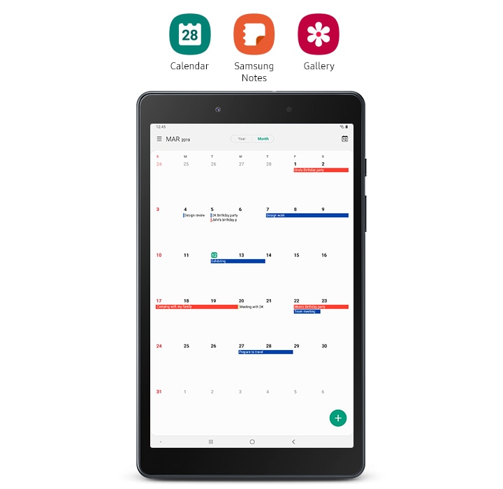 Tablet exibe um calendário, em cima, fora da tela, os ícones dos aplicativos de calendário, Samsung Notes e Gallery da esquerda para a direita.