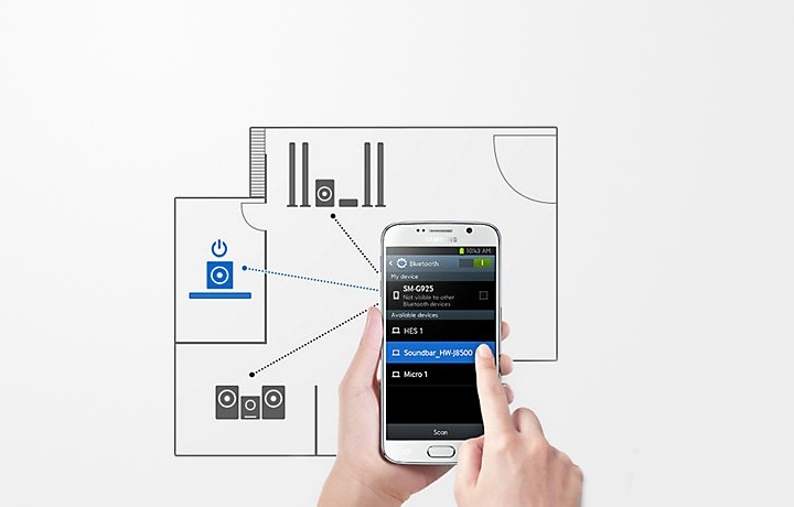 Soundbar Samsung K360 130W ilustrando controle via Bluetooth com aplicativo de celular