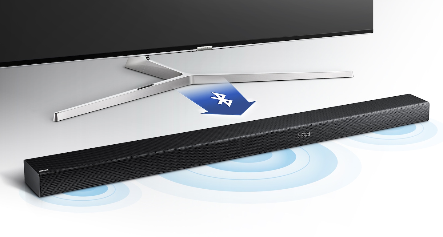Soundbar Samsung com Subwoofer sem fios mostrando suporte de TV com conexo via Bluetooth