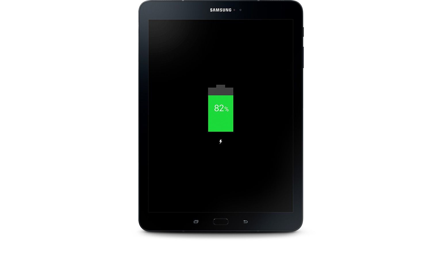 Front view of Galaxy Tab S3 with on-screen image of battery being charged