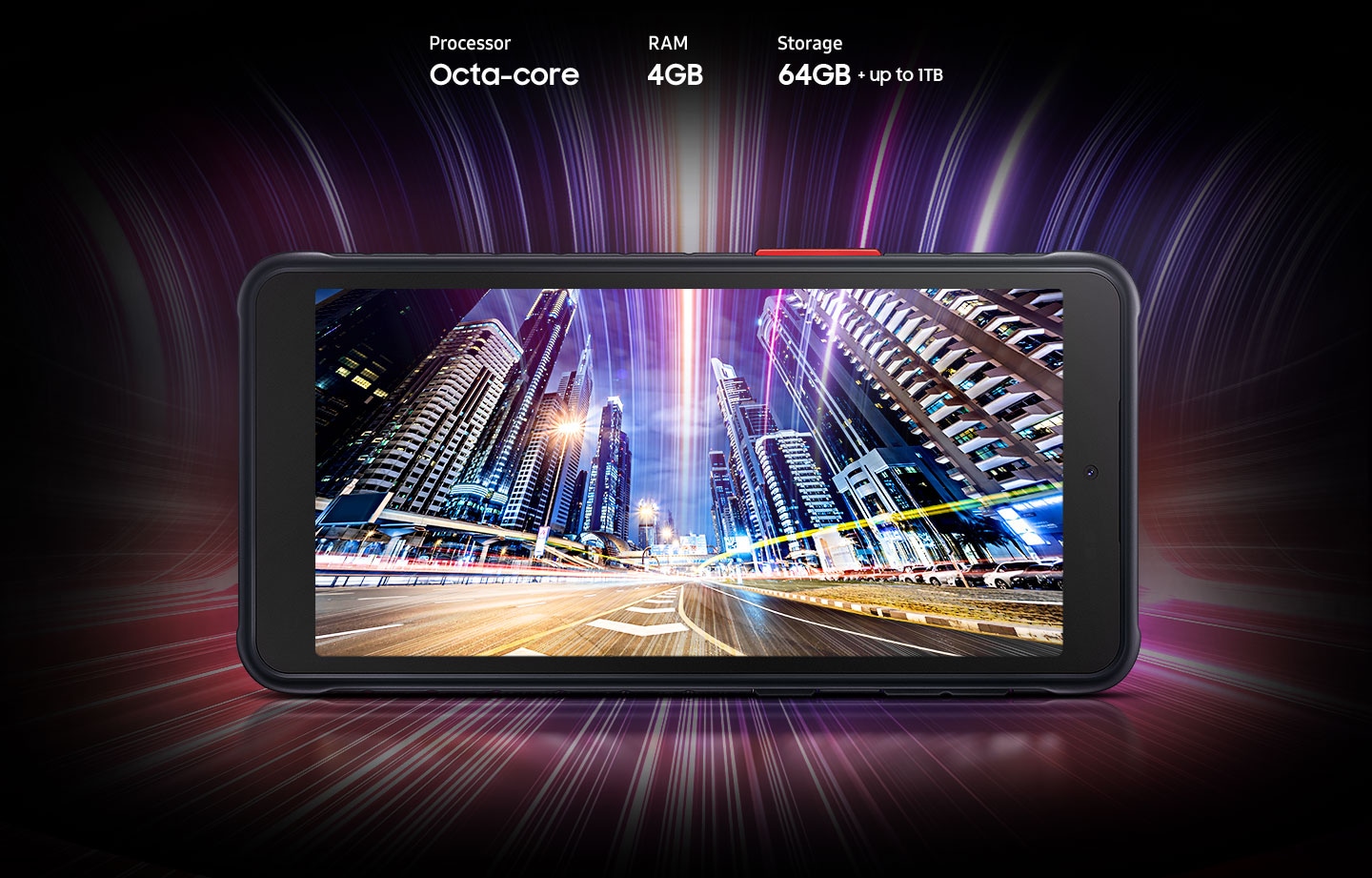 The display of the Galaxy XCover 5 shows a city at night, and shows that the device offers an octa-core processor, 4 GB of RAM, 64 GB and up to 1 TB of storage.