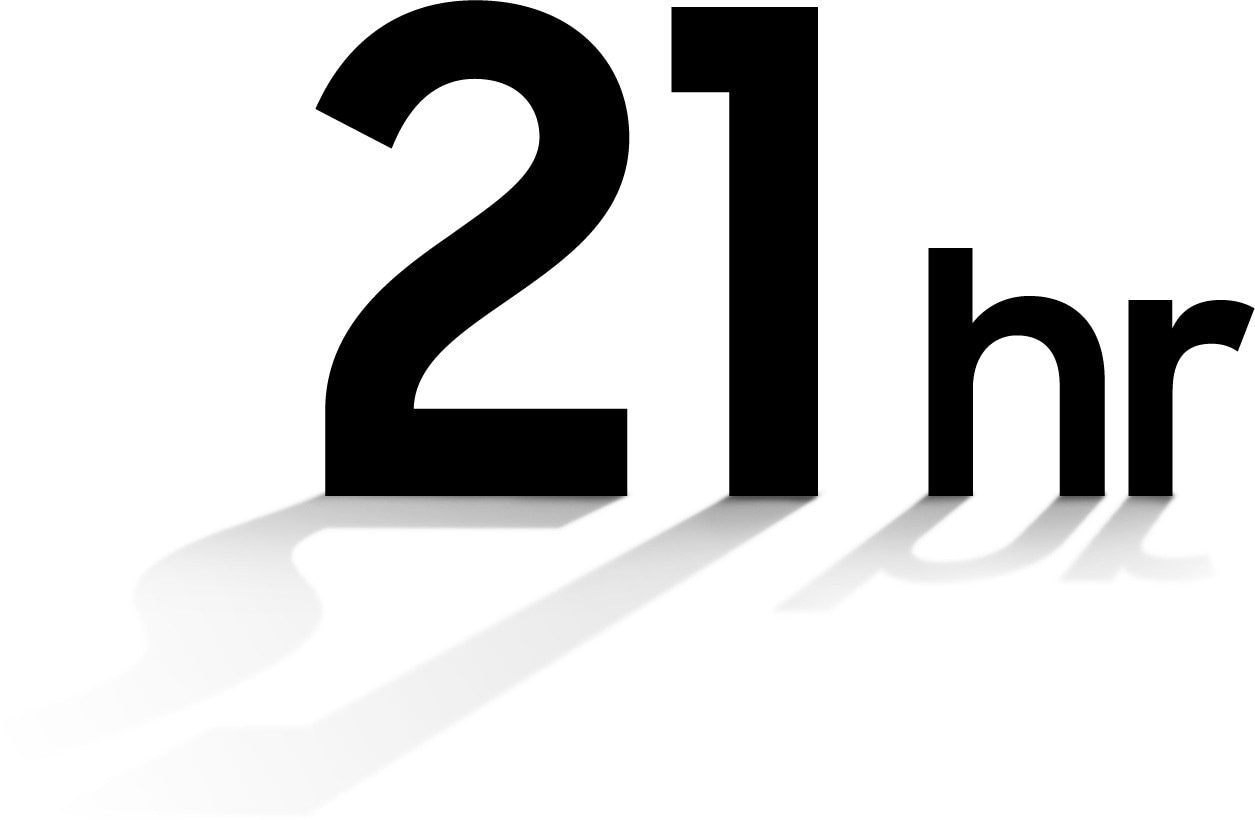 Die typografische Darstellung „21 hr“ zeigt, dass die Galaxy Buds Live über eine Akkulaufzeit von bis zu 21 Stunden verfügen.