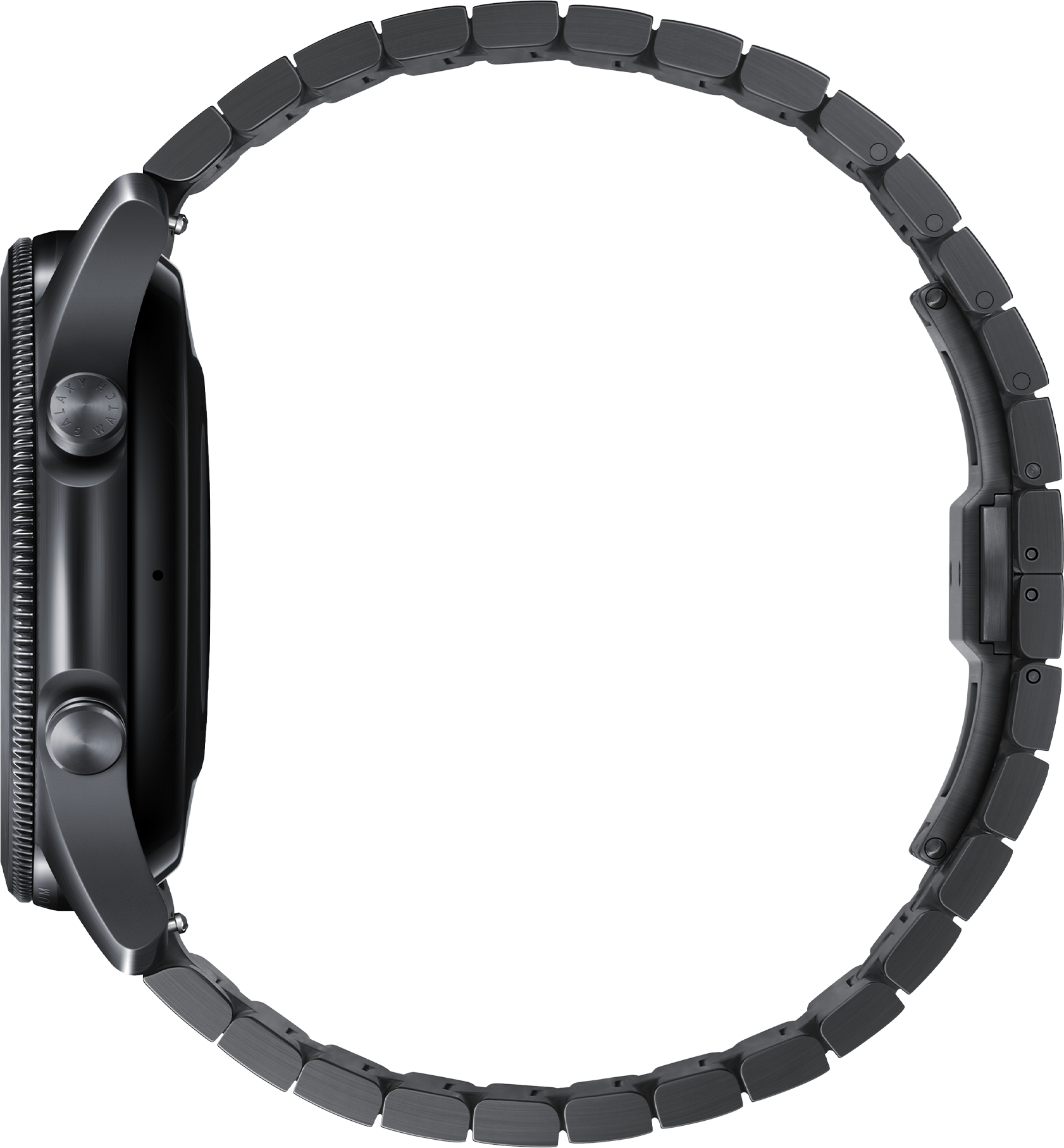 侧面特写的45毫米Galaxy Watch3钛黑边框。然后它转过来显示手表的链接手镯的侧面