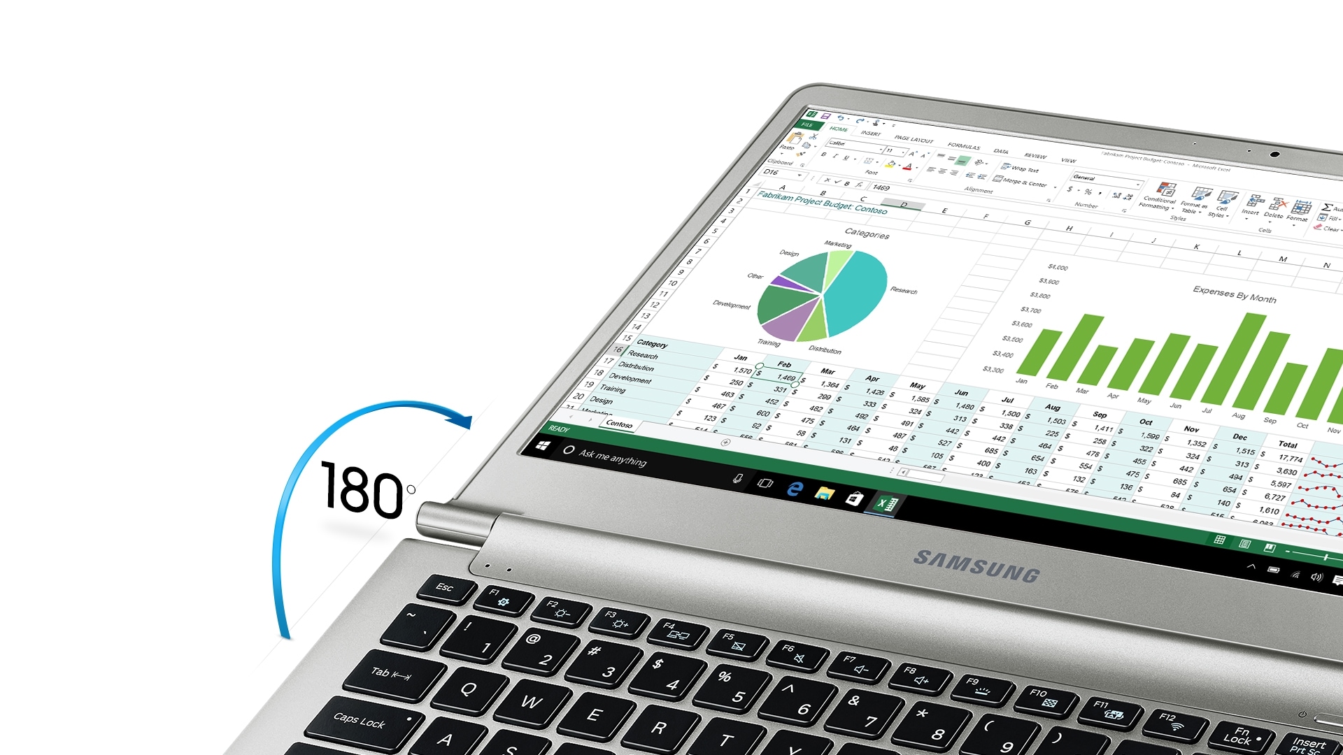 An image showing how the Samsung Notebook 9's screen can be rotated up to 180 degrees.