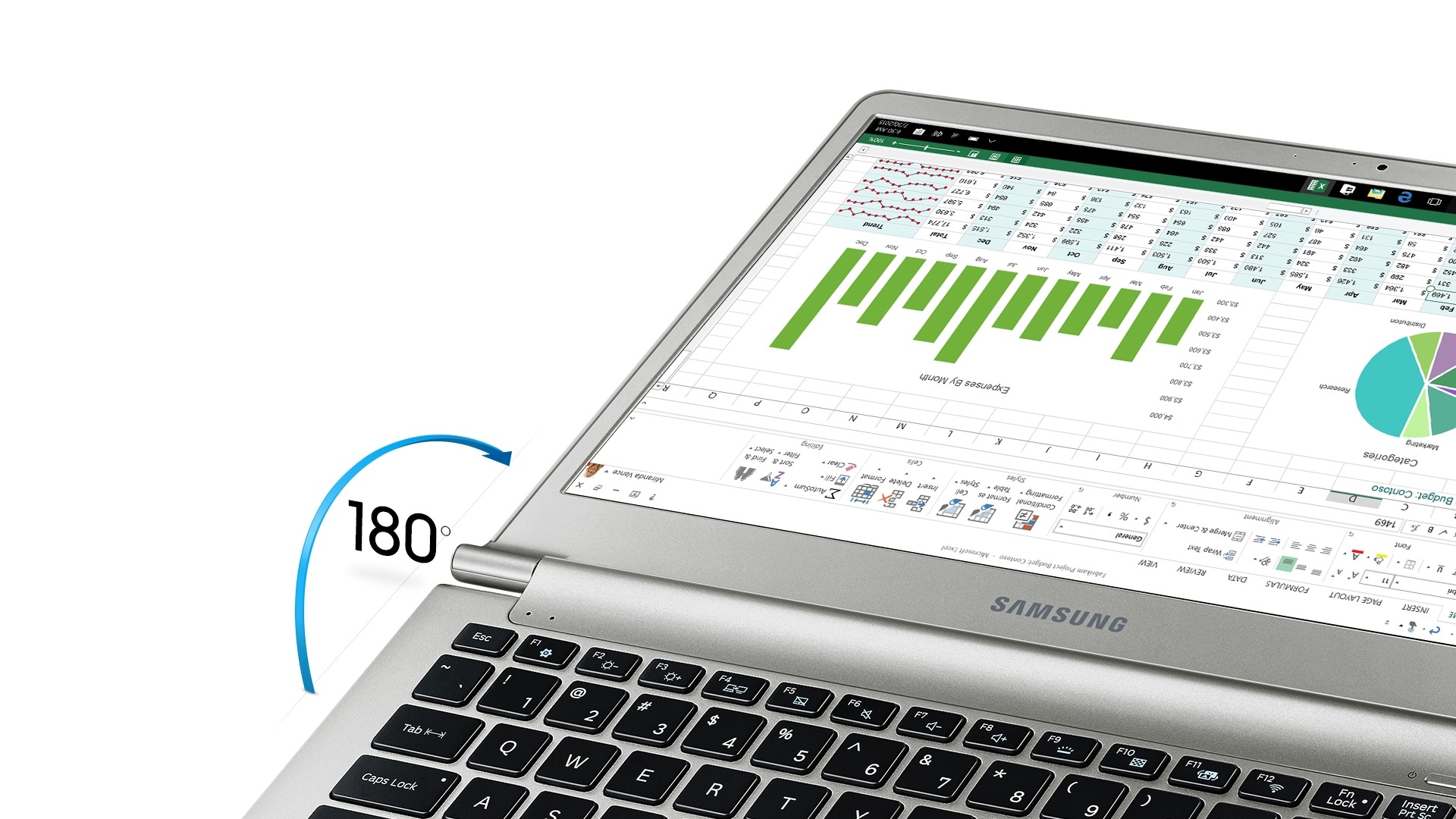 An image showing how the Samsung Notebook 9's screen can be rotated up to 180 degrees.