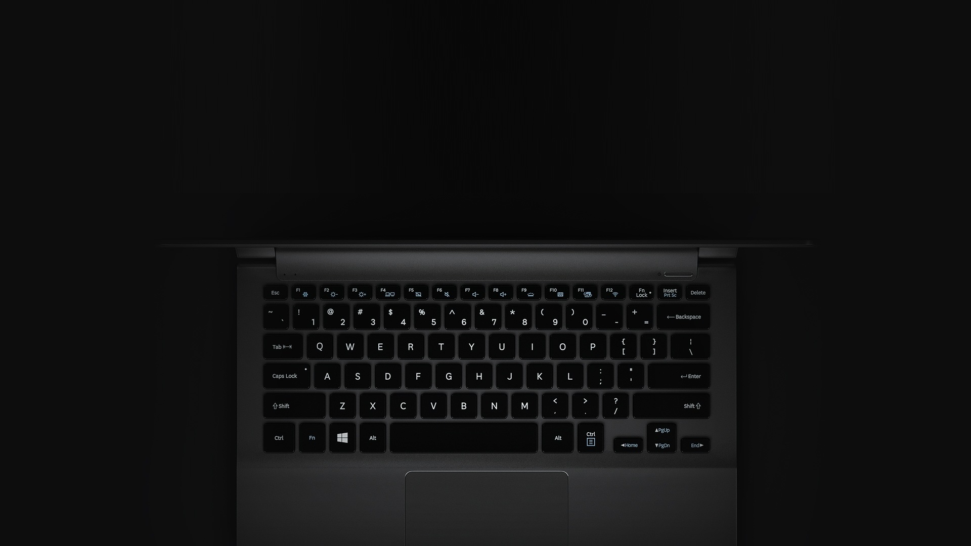 An image showing the Samsung Notebook 9's backlit keyboard with the backlighting off.