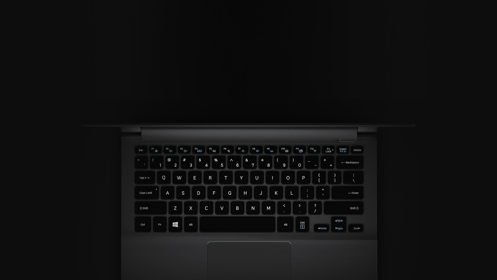 An image showing the Samsung Notebook 9's backlit keyboard with the backlighting off.