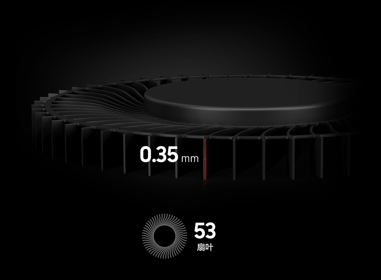 An image showing the fan blades featuring its thickness of 0.35mm. An icon that reads 53 fan blades is also visible underneath.