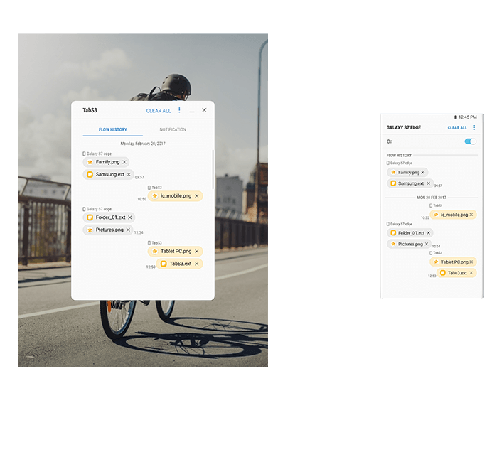 Front view of Galaxy Tab S3 with example instructions for using Samsung Flow with Front view of Galaxy S7 edge with example instructions for using Samsung Flow