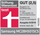 Stiftung Warentest, Ausgabe 8/2016, zur MC28H5015CS. Gesamturteil gut (2,5). Im Test: 11 Mikrowellen mit Backfunktion (3x gut, 8x befriedigend)