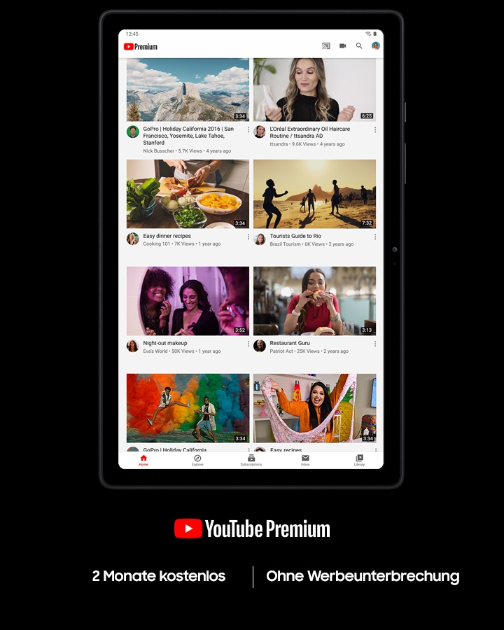 YouTube ist auf dem Galaxy Tab A7 und zeigt die Benutzerfläche mit Premium-Videos.