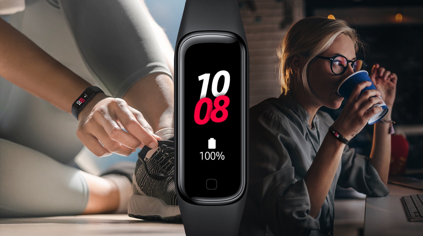 You can see three close-ups of a woman who uses the Galaxy Fit2 in different situations throughout the day to illustrate the large battery capacity.