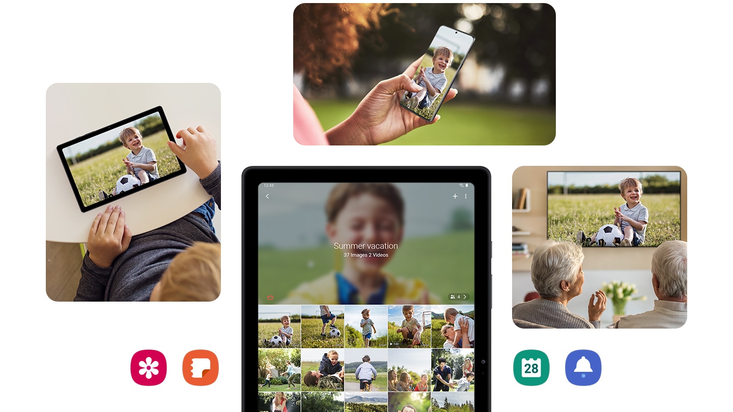 Vier Fotos sollen darstellen, wie einfach Inhalte via Samsung Quick Share und Group Content Share geteilt werden können.