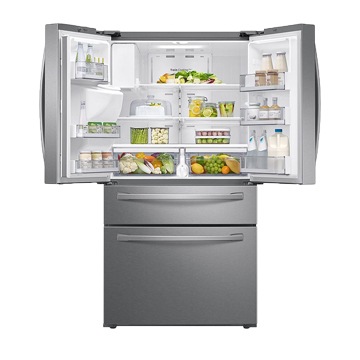 Silver front fridge open with food