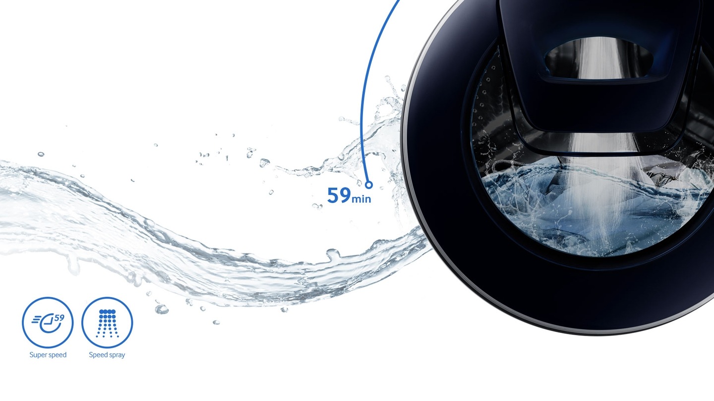 Puoi lavare i tuoi vestiti in soli 59 minuti * grazie alla doppia erogazione di acqua e all'effetto spray che accelera il processo di risciacquo e la sua potente centrifugazione. E fino a 5 kg di carico.