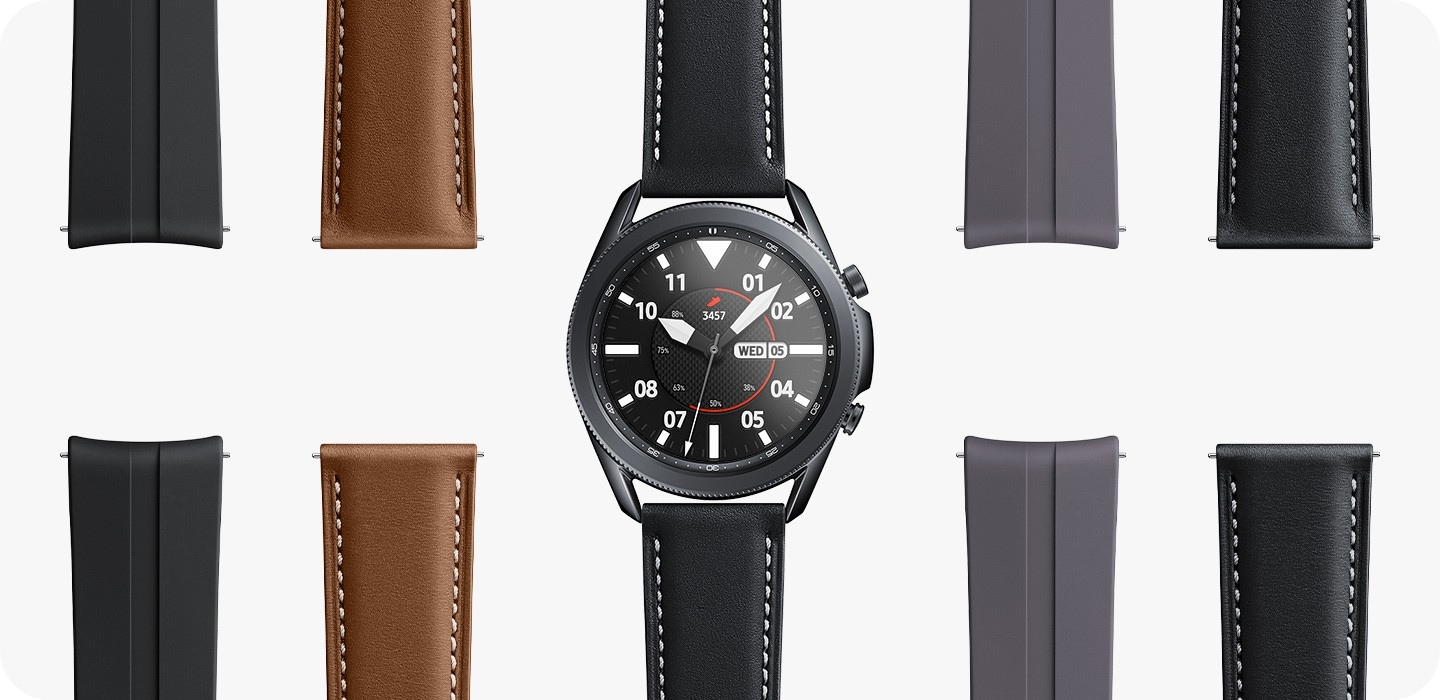 Un Galaxy Watch3 45mm de color Mystic Black con una esfera Sporty Classic. Las correas Blac Sport y Brown Leather se encuentran a su izquierda, y las correo Silver Sport y Black Leather están a su derecha para mostrarte como puedes mezclar y combinar.