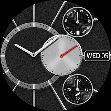 Vista frontal de un Galaxy Watch3 de color Mystic Black rodeado por varias esferas de reloj, incluyendo las esferas Modular Analógico, Modular Digital y Patrón Clásico y el tiempo, Mi estilo y la interfaz de usuario clásica Off center.