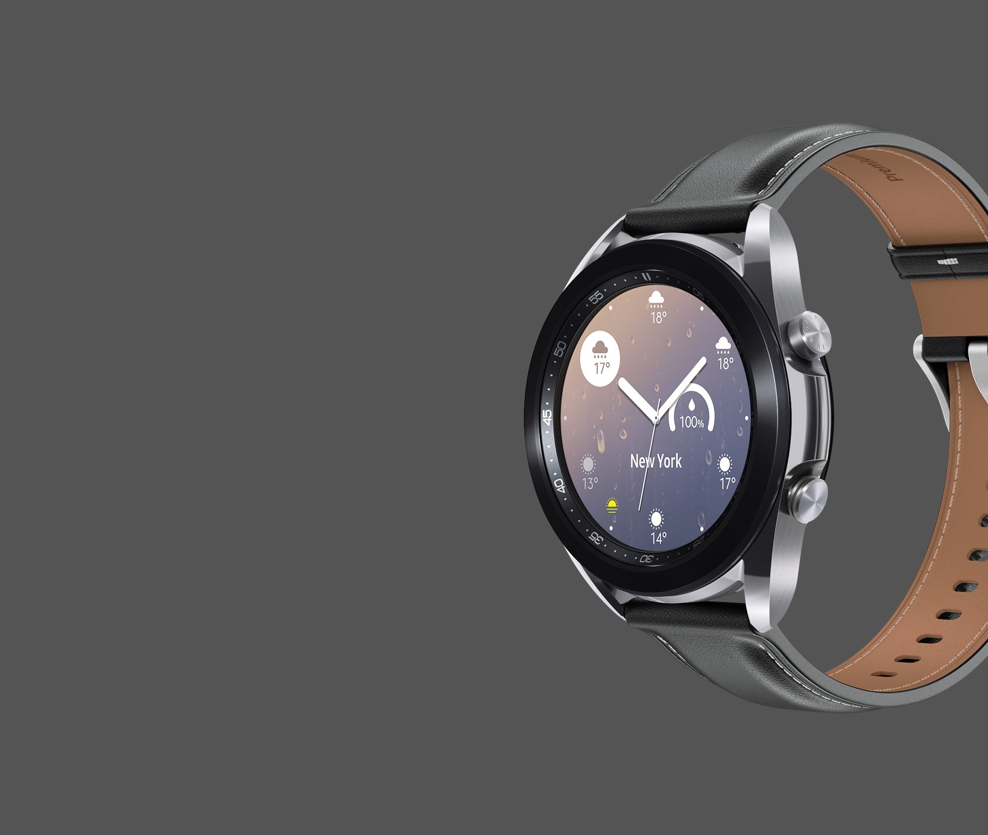Galaxy Watch3 41mm de color Mystic Bronze con una esfera de reloj Female Classic vista desde un ángulo.