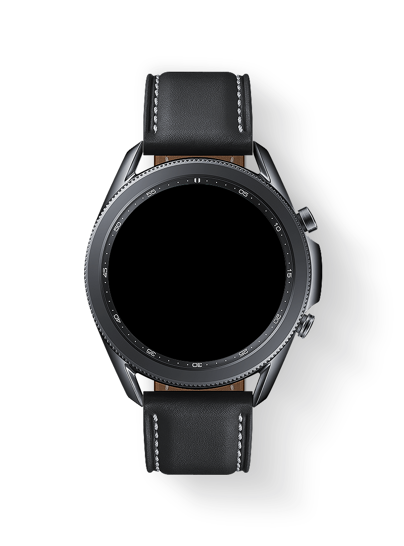 Mensajes muestra mensajes enviados y recibidos. Se recibe un selfie, con un zoom hacia fuera para mostrar el Galaxy Watch3 45mm de color Mystic Black con la interfaz Smart Reply.