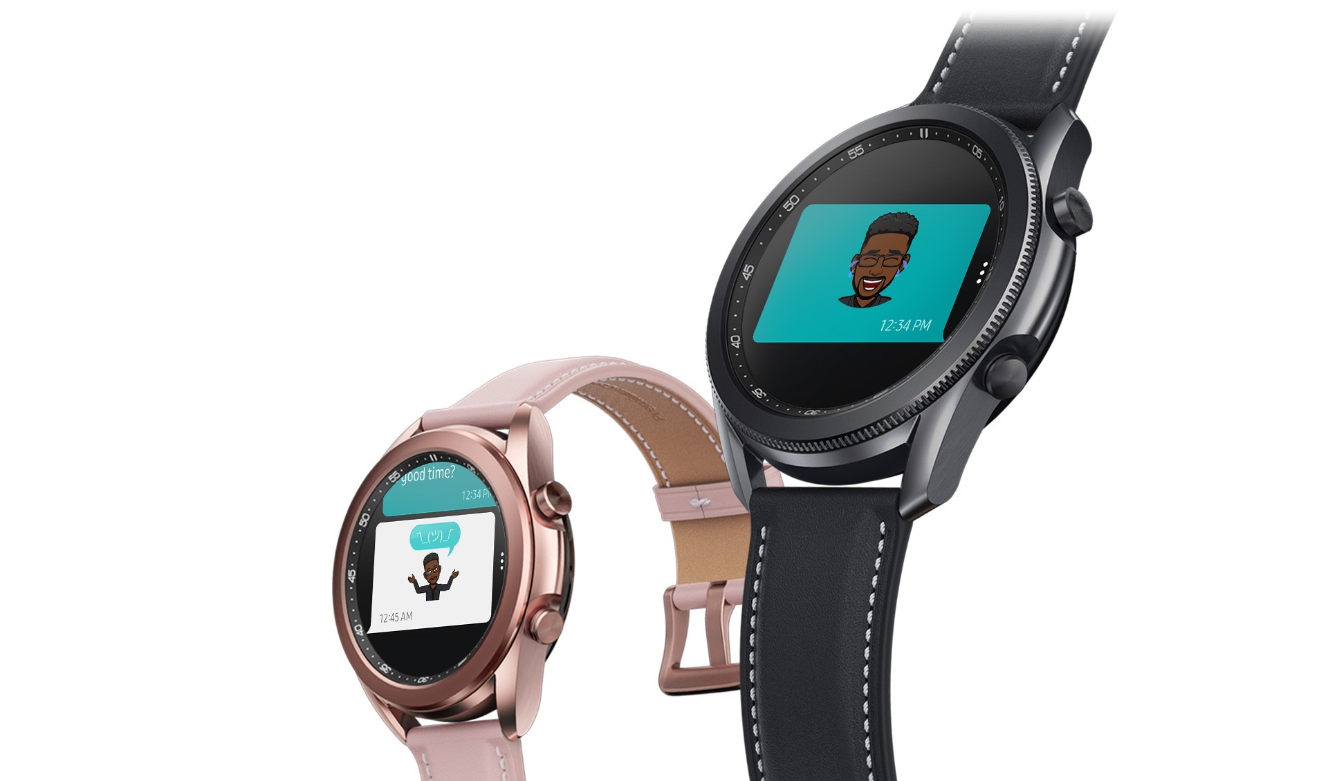 Vista en ángulo de Galaxy Watch3 45mm de color Mystic Black y Galaxy Watch3 41mm de color Mystic Bronze. Ambos muestran el envío y la recepción de emojis Bitmoji a través de la app Mensajes.