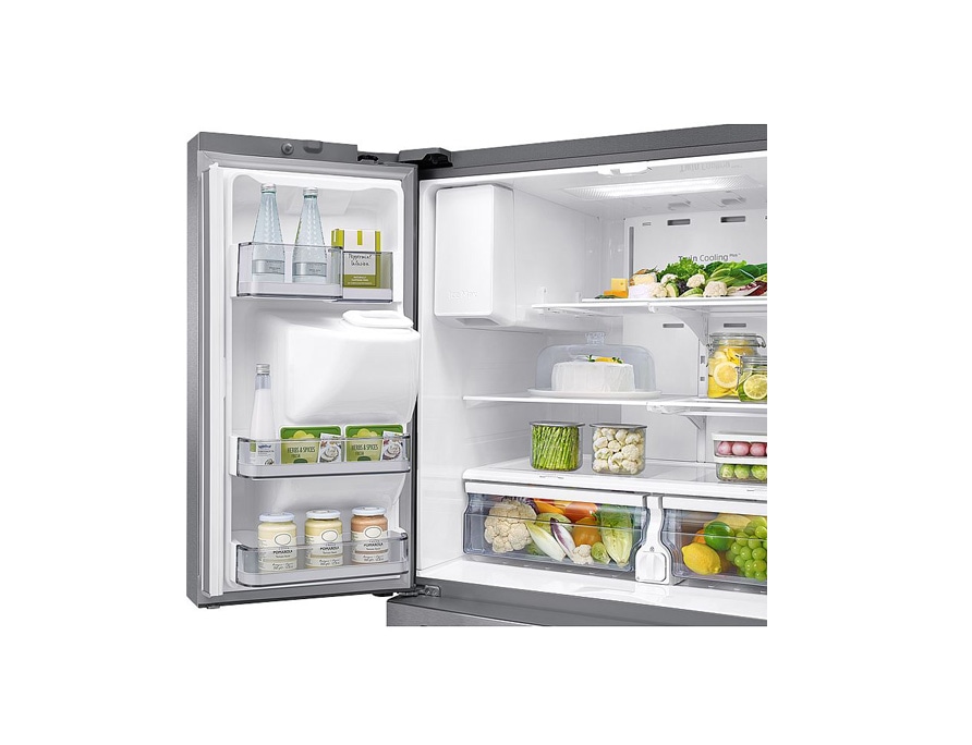 silver fridge detail open with food