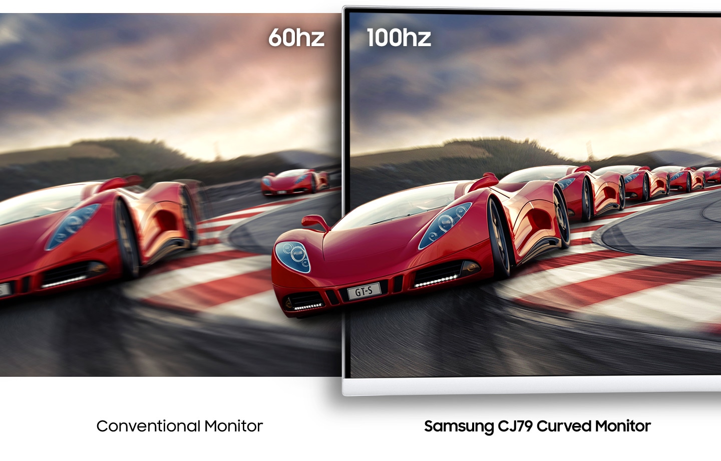 Un regroupant deux images avec d'un côté unee scène de course en voiture flou correspondant à un moniteur conventionnel, et de l'autre la même scène avec la correction d'image correspondant au moniteur CJ79.