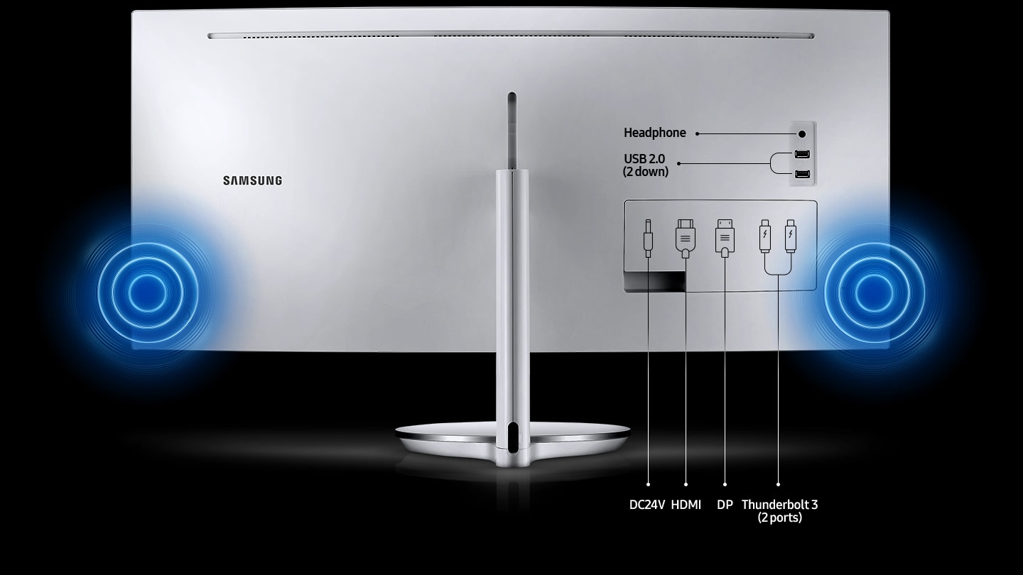 Un visuel du moniteur de dos avec un schéma des connectiques disponible ainsi que ses deux haut-parleurs.