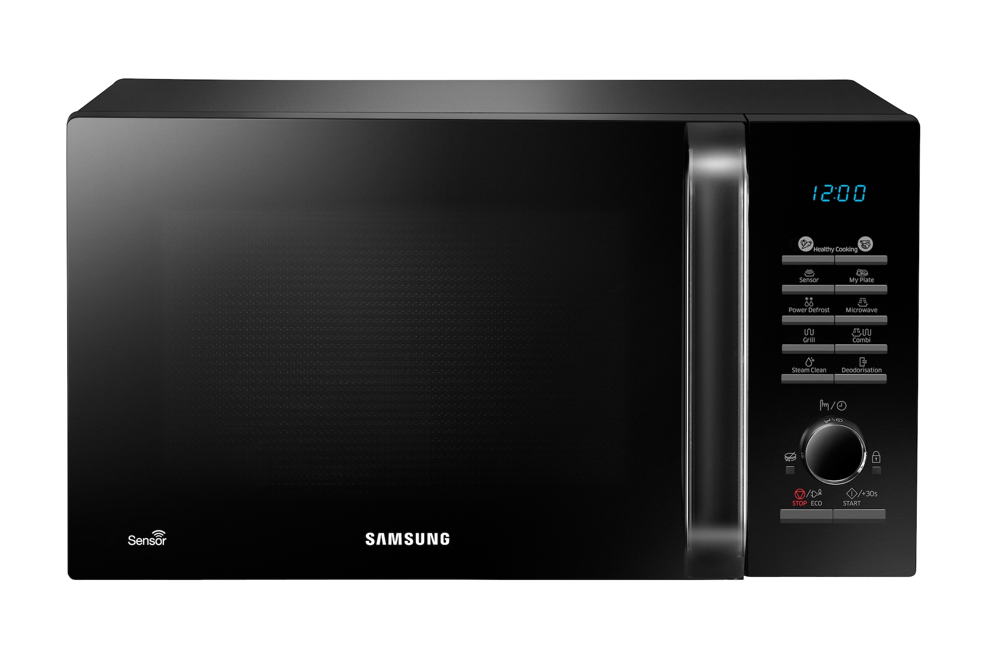 Le micro-ondes Samsung MC28H5125AK est entièrement noir.…