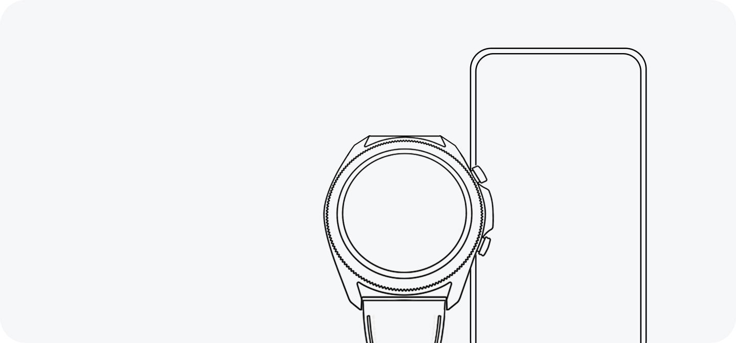 Un dessin au trait montrant une Galaxy Watch3 de face à côté d'un smartphone, démontrant sa compatibilité avec différents appareils.