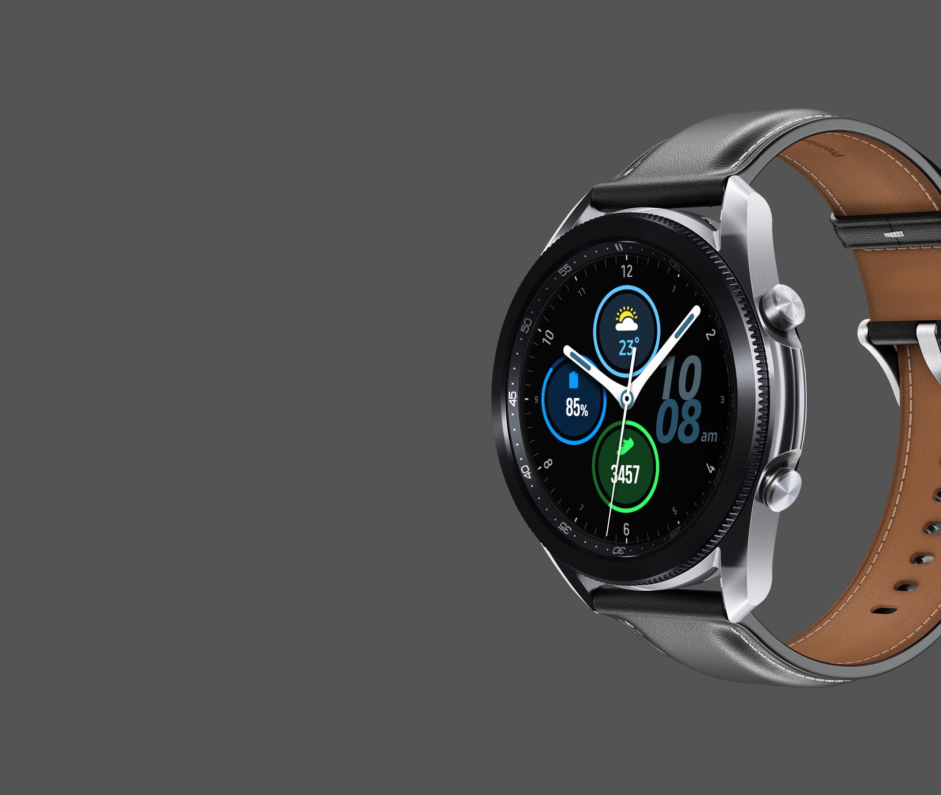 45mm Galaxy Watch3 in Mystic Silver with an Analog Modular Watch Face seen from an angle