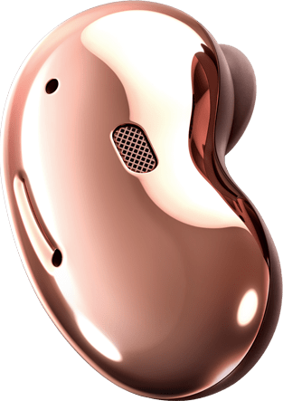 Front view of Galaxy Buds Live in Mystic Bronze. Right Galaxy Buds Live earbud disappears as the left earbud shrinks and fits in the ear of a woman laughing.