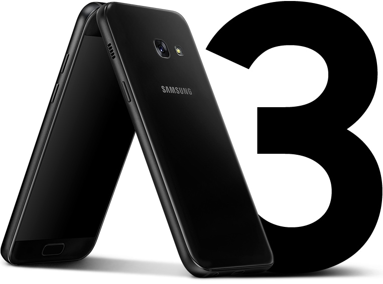 Vorder- und Seitenansicht des Galaxy A3 (2017), die das formschöne, symmetrische Design betonen.