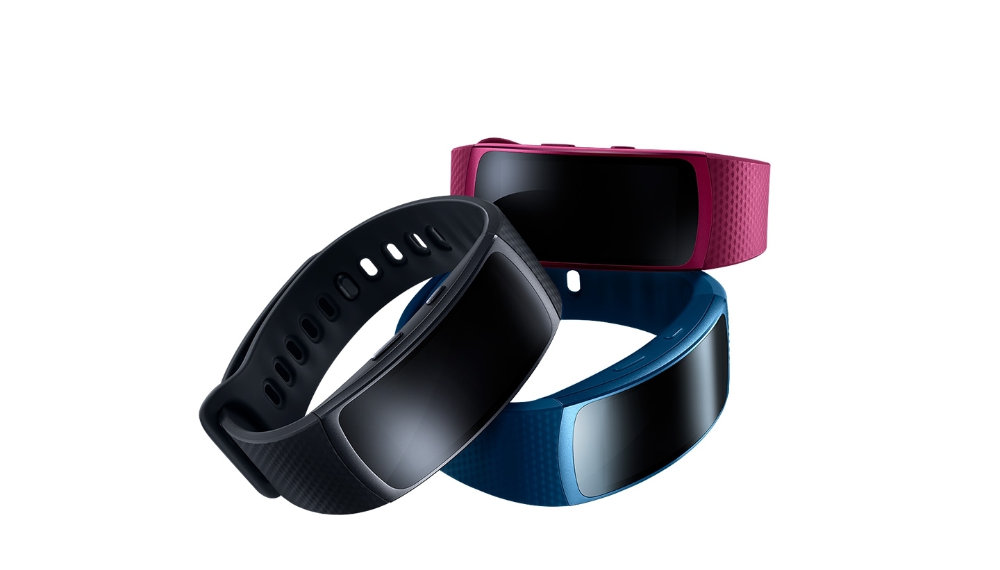 Gear Fit2 in the colors pink, black and blue