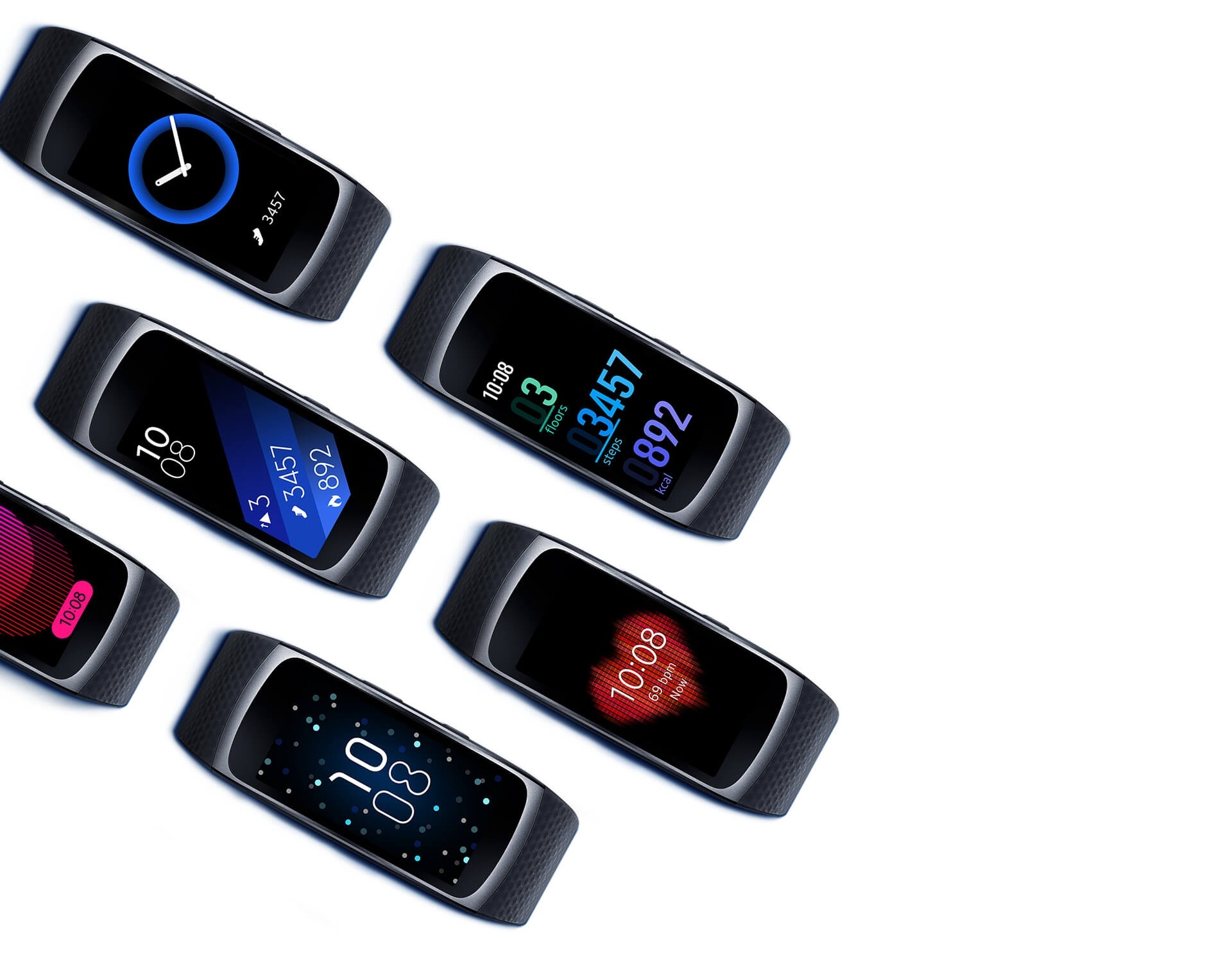 Several Gear Fit2s are lined up, each sporting a different type of watch face