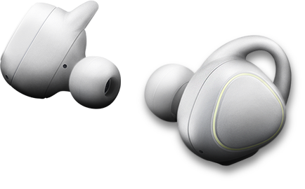 A pair of white Gear IconX that consists of the left and right earbuds