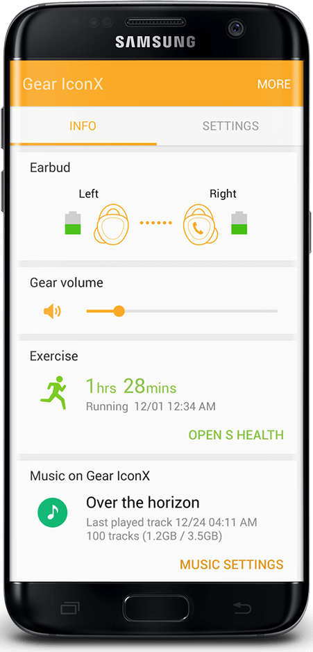 Galaxy S7 edge with interface showing the Galaxy S7 edge synced with Gear IconX 