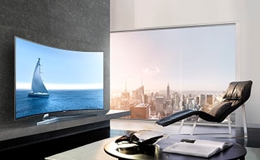 see large image of left perspective image of TV in a living room with sails onscreen.