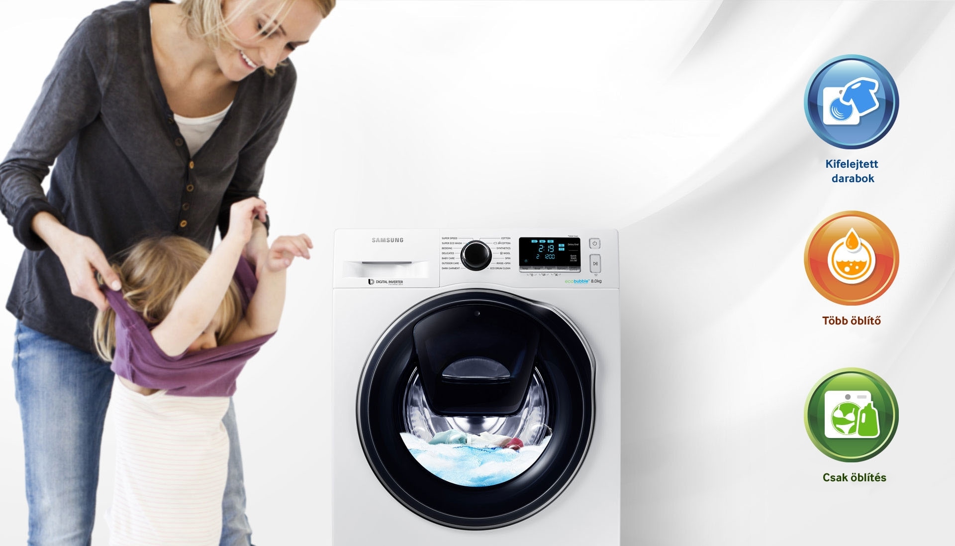 An image of a woman taking off her child's clothes next to a WW6500 washing machine which is in the middle of a cycle.