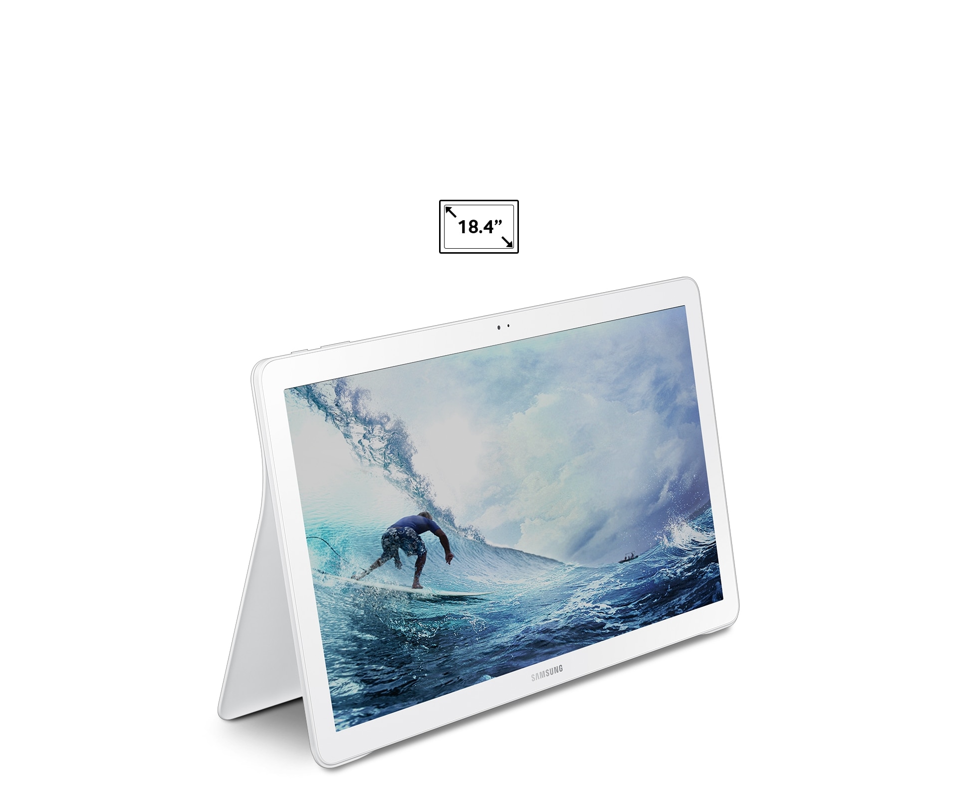 An image showing a video of a surfer running on a Galaxy View device in standing mode.