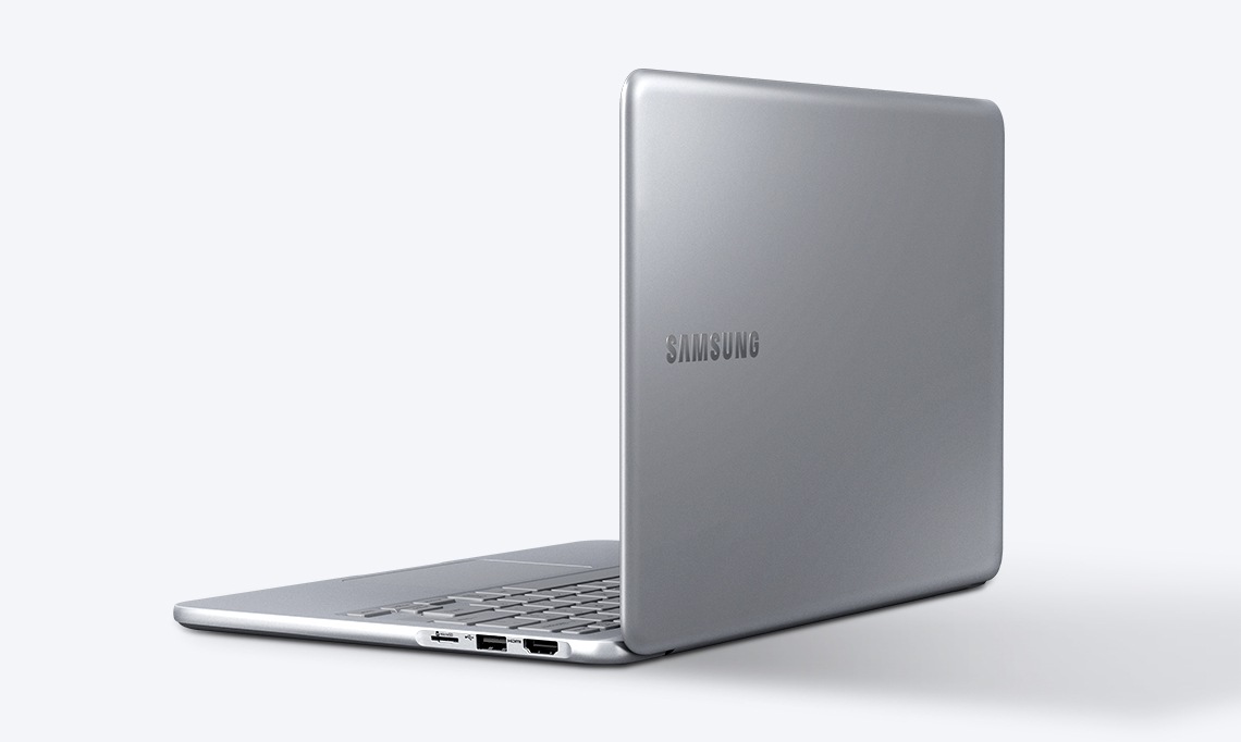 An image showing the Notebook 9 device’s side, with its cover showing, open fully, with the Samsung logo visible on the top