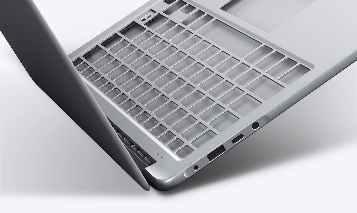 An image showing the Notebook 9’s cover open with its keyboard and palm rest frame magnified.